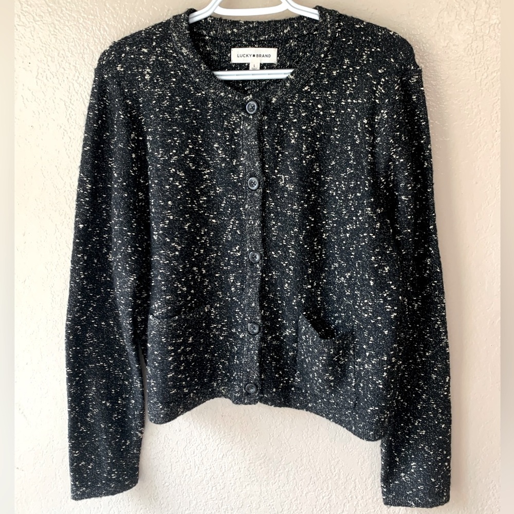 Lucky Brand 2024 Black Metallic Speckled Boucle Glam Rock Cardigan Size L